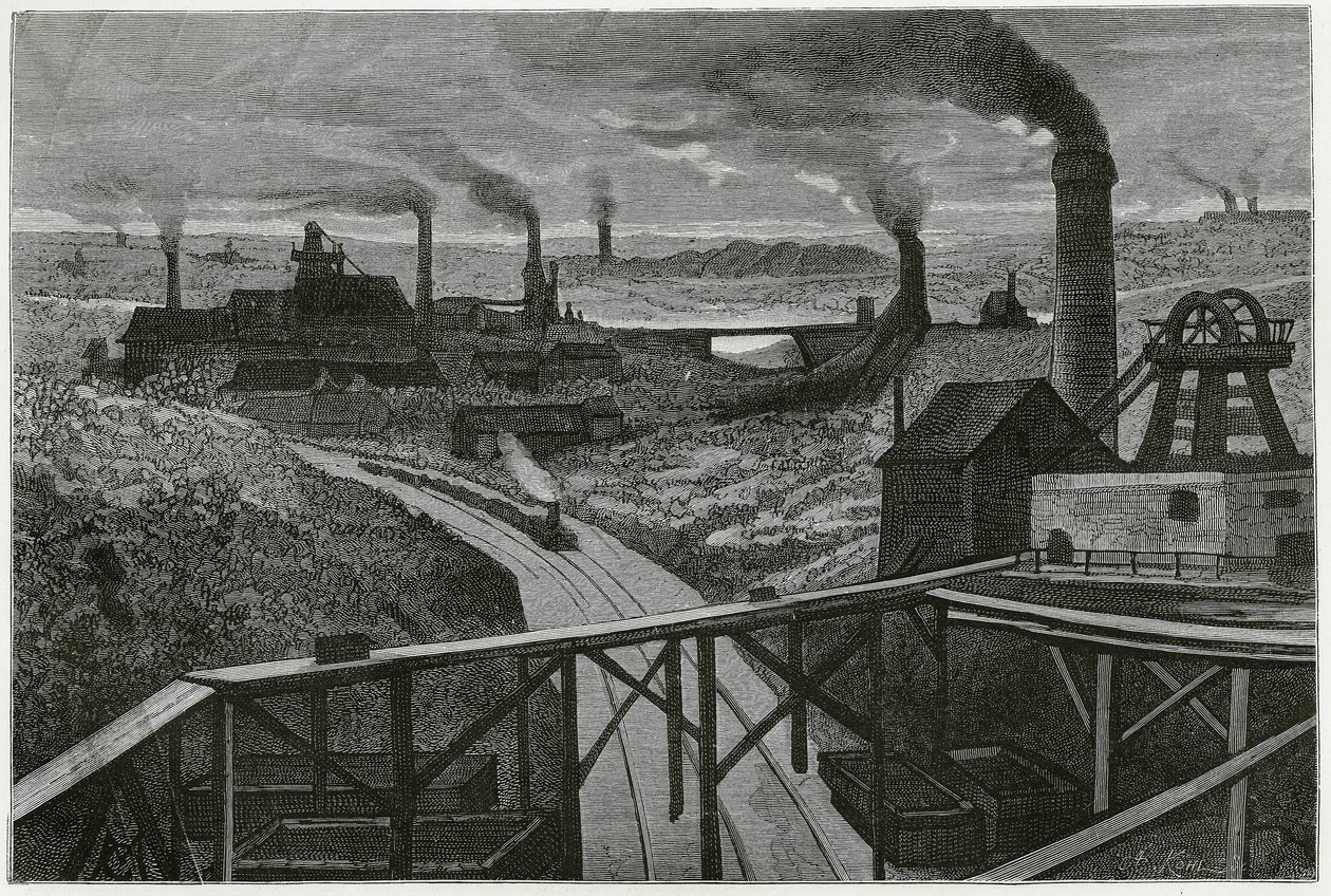 Kullgruvedrift og terrils (aspekter av contree boraine). Gravering av Constant Meunier, for å illustrere historien "" Belgia", av Camille Lemonnier (1844-1913) belgisk forfatter. Publisert i Le Tour du monde, nouveau journal des voyages, 2. semester 1884,  av Constantin Emile Meunier