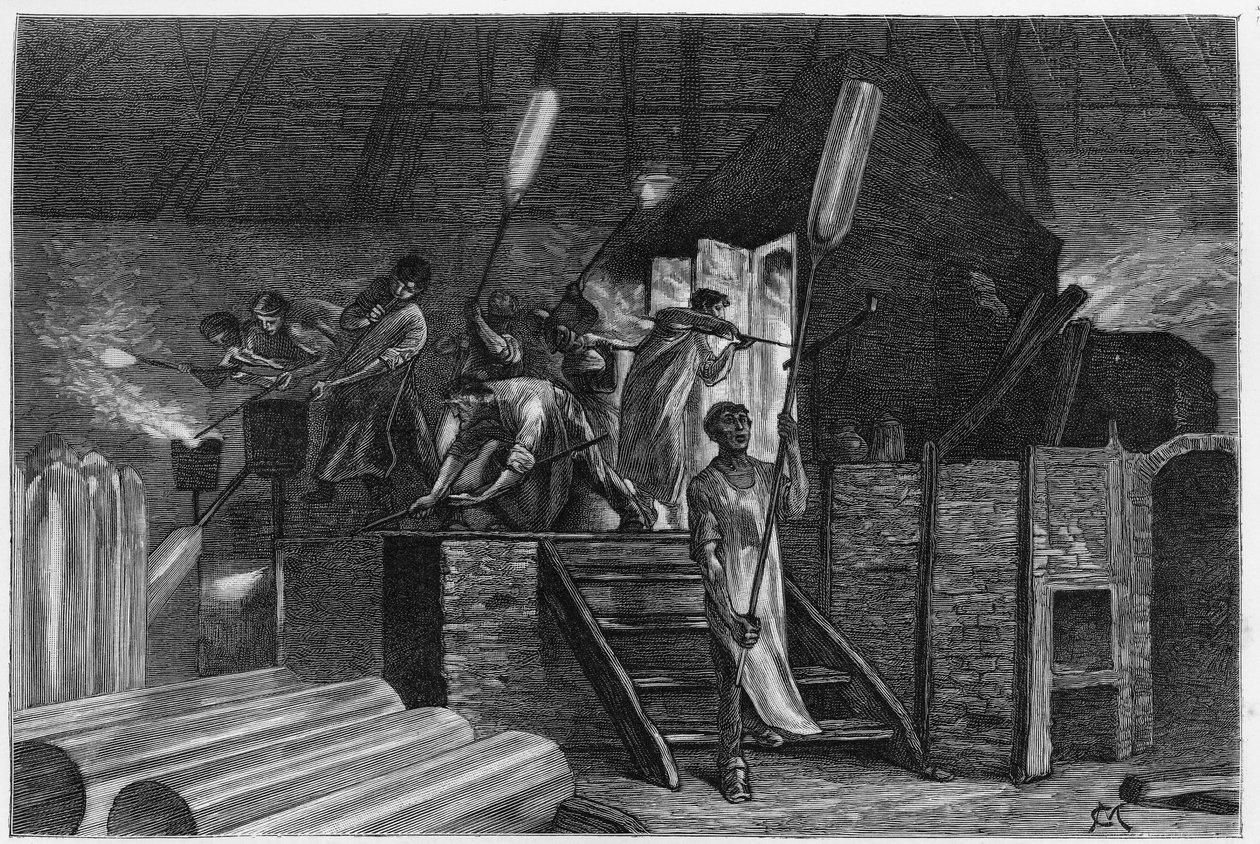 Inne i et glass, i Lodelinsart (eller Lodlinsat, i byen Charleroi). Gravering av Constant Meunier, for å illustrere historien "" Belgia", av Camille Lemonnier (1844-1913) belgisk forfatter. Publisert i Le Tour du monde, nouveau journal des voyages, 2 av Constantin Emile Meunier