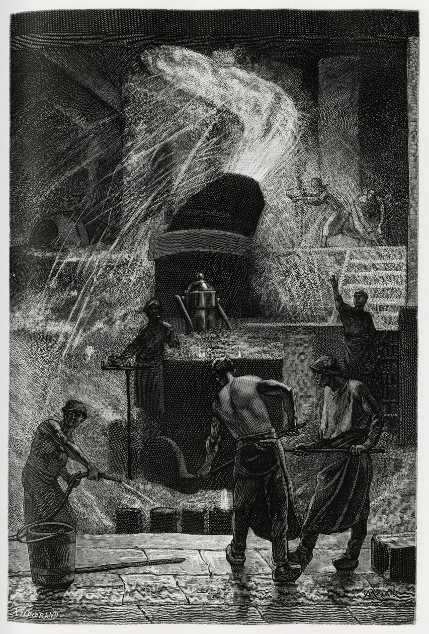 Støping av stål ved cockerill-bedriftene i Seraing. Gravering av C.Meunier for å illustrere historien "" La Belgique"", av Camille Lemonnier (1844-1913), forfatter og kunstkritiker. av Constantin Emile Meunier