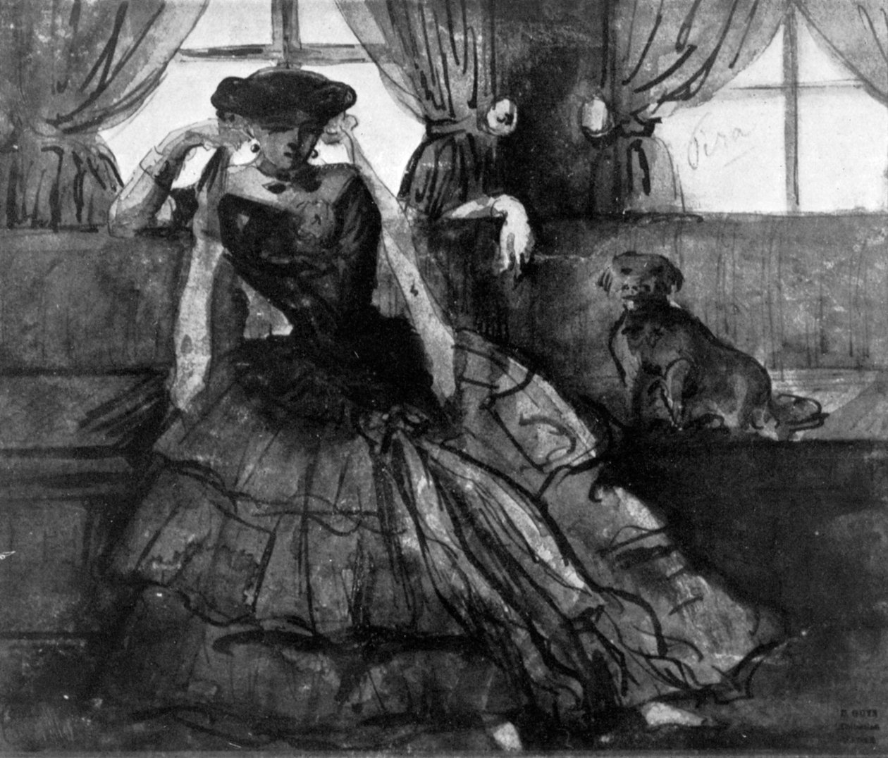 A Lady with her Dog, 1800-tallet, 1930. av Constantin Guys