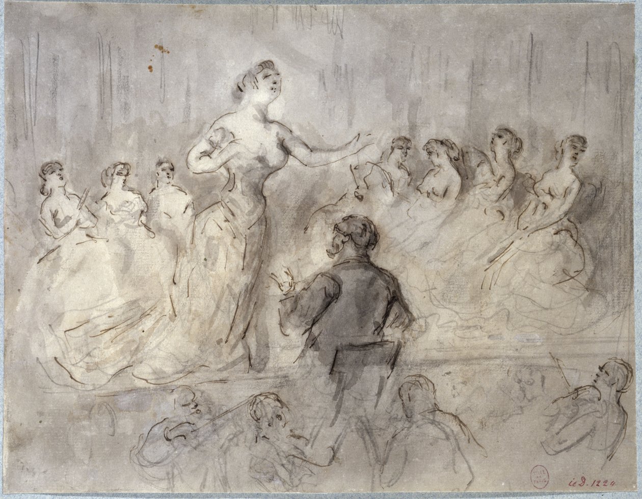 Scene fra en kafékonsert, orkester og sangerinner, omkring 1875-1880 av Constantin Guys