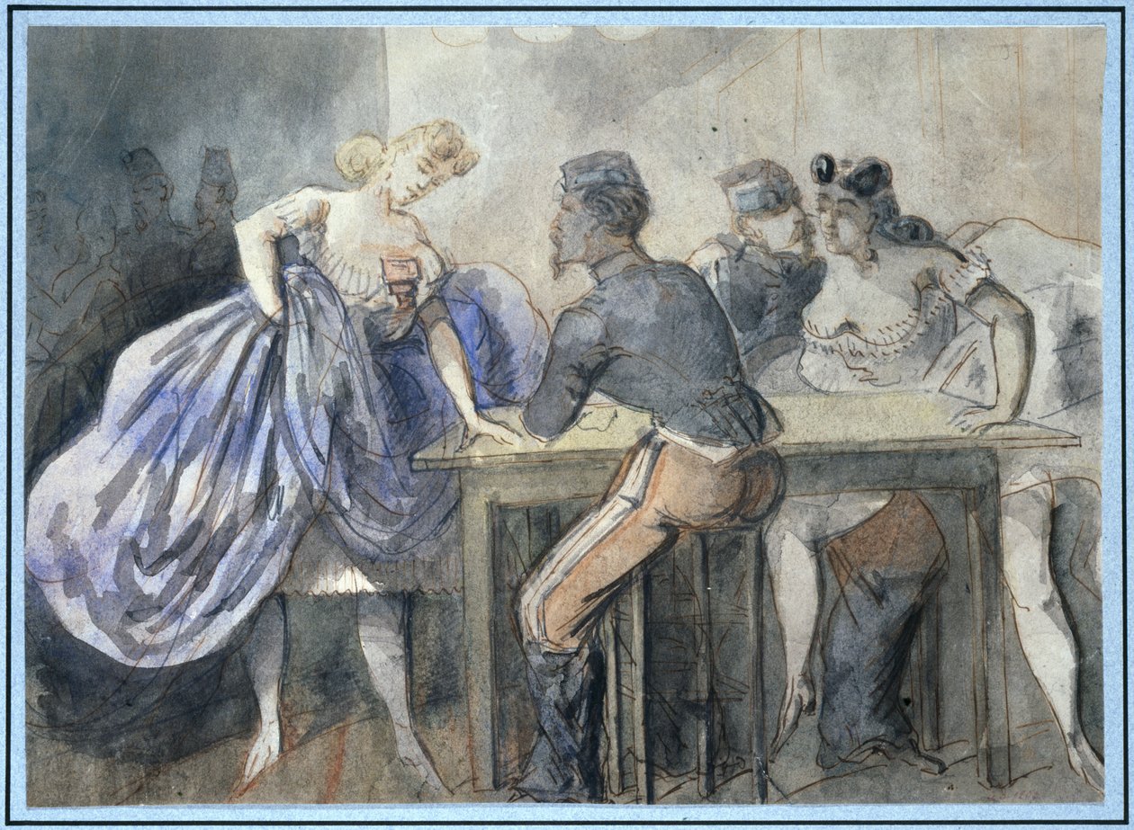 Scene på et bordell, to kvinner og to militærmenn rundt et bord, bakerst til venstre andre silhuetter av kvinner og menn. av Constantin Guys