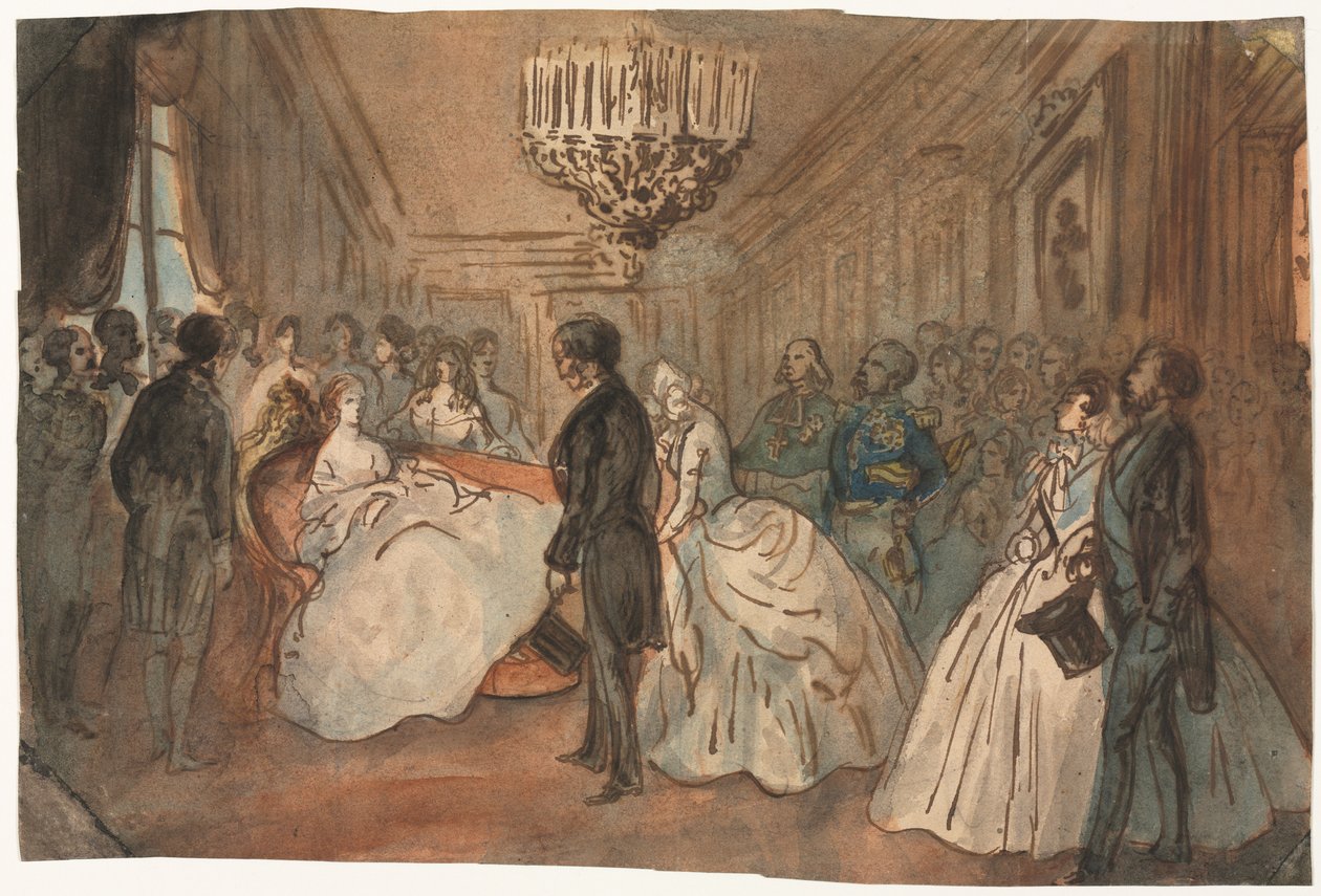 Keiserinne Eugenie mottar det diplomatiske korpset etter fødselen til den keiserlige prinsen, 1800-tallet. av Constantin Guys