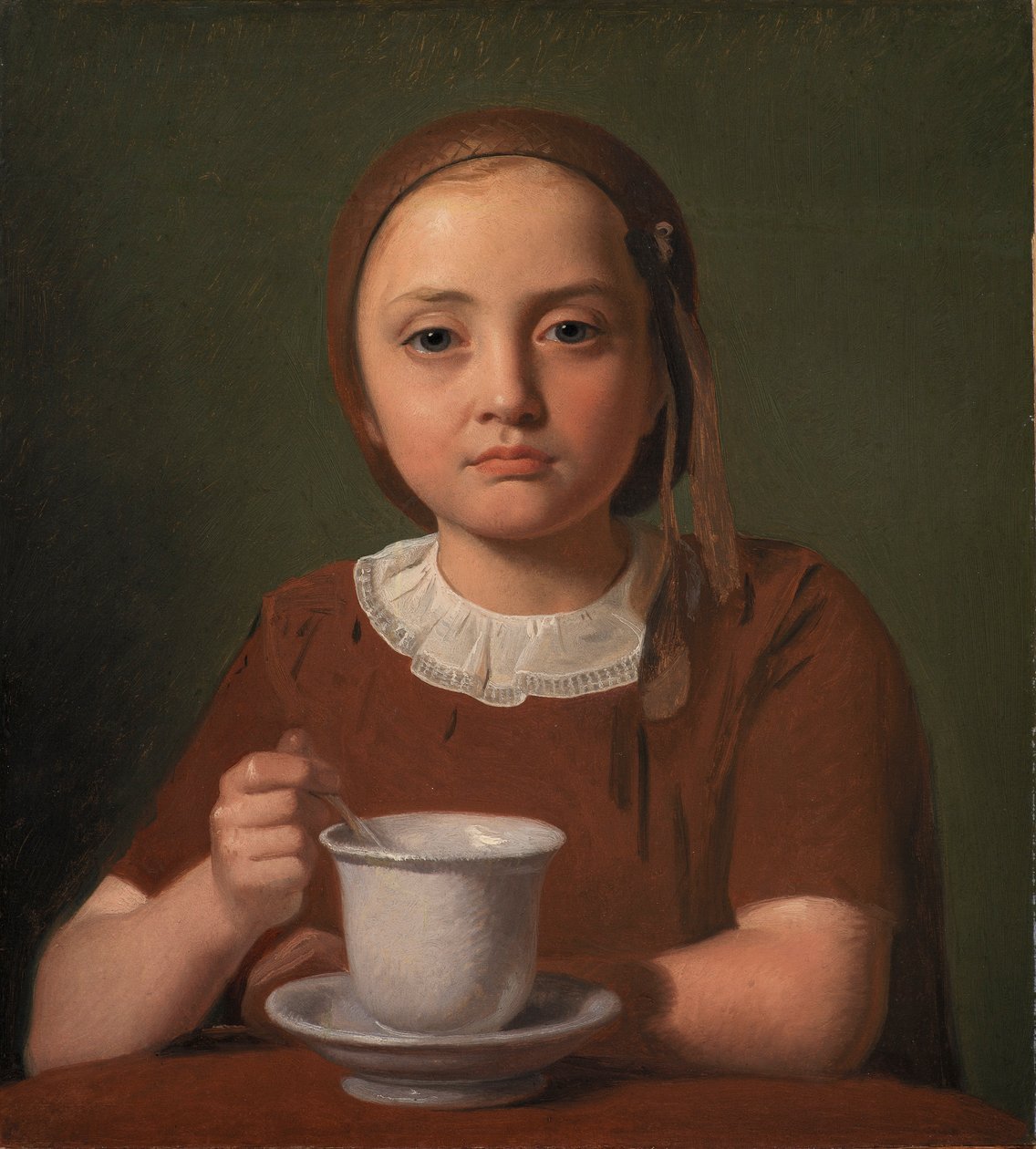 Portrett av en liten jente, Elise Købke, med en kopp foran seg, 1850 av Constantin Hansen