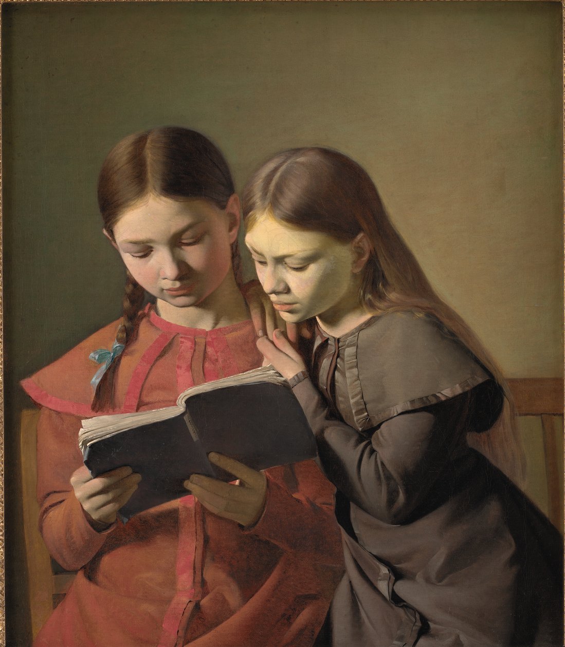 Kunstnerens søstre Signe og Henriette leser bok av Constantin Hansen