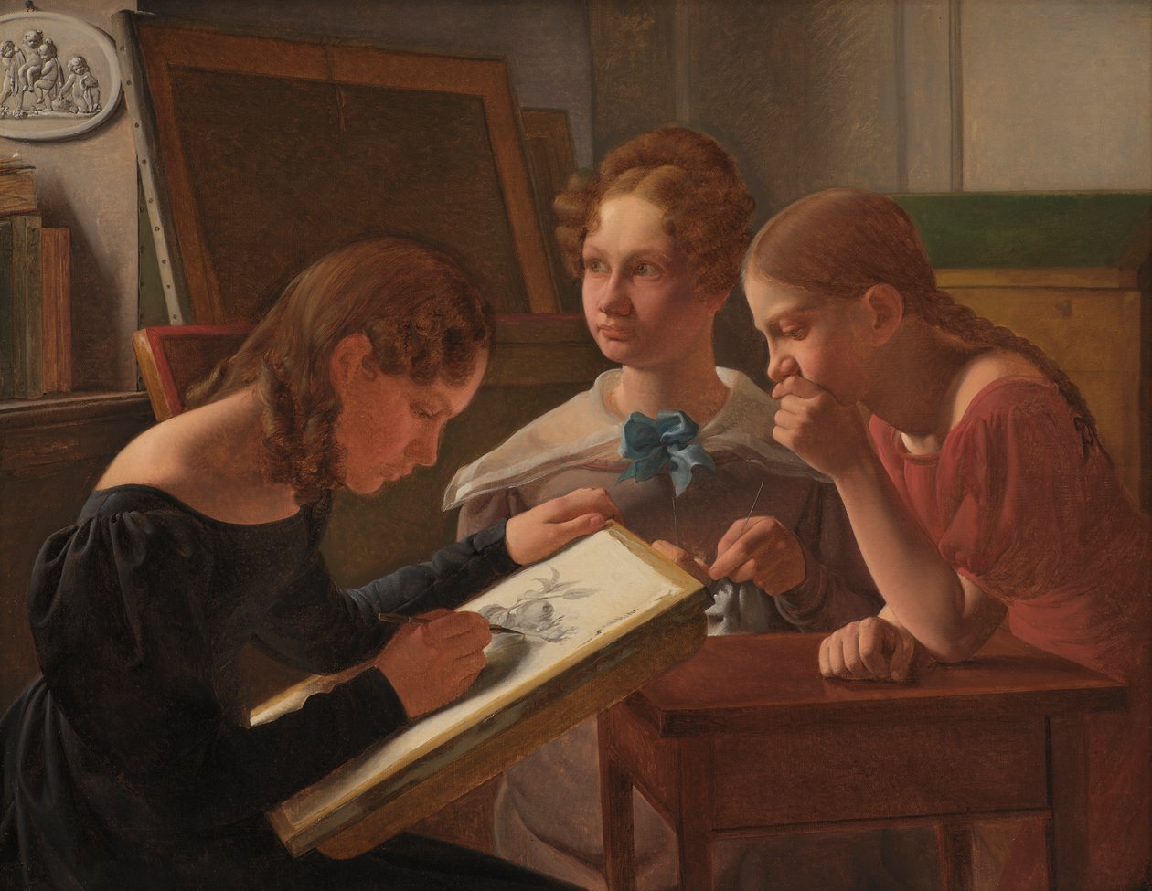 Tre unge jenter. Kunstnernes søstre: Alvilde, Ida og Henriette, 1827 av Constantin Hansen