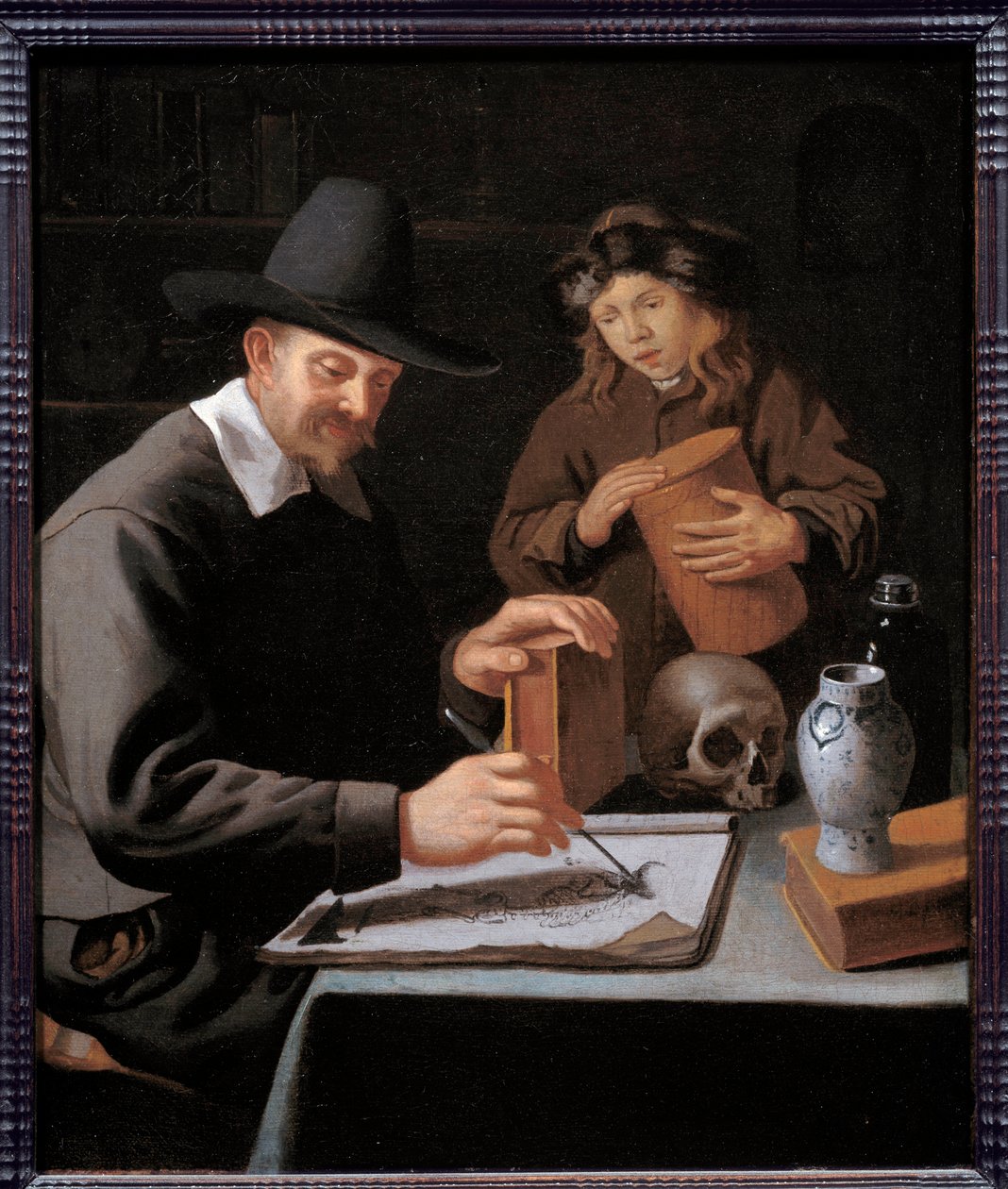 Maleren og hans elev. En lærling observerer sin mester som tegner på en notatbok. Maleri (Vanite) av Constantin Verhout (eller Voorhout) av Constantin Verhout or Voorhout