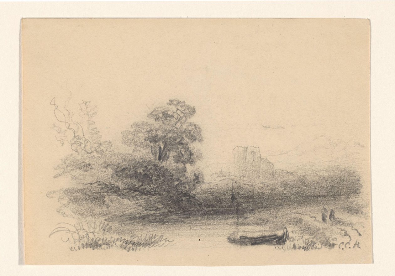 Landskap med vann og robåt av Constantinus Cornelis Huysmans (signed by artist)