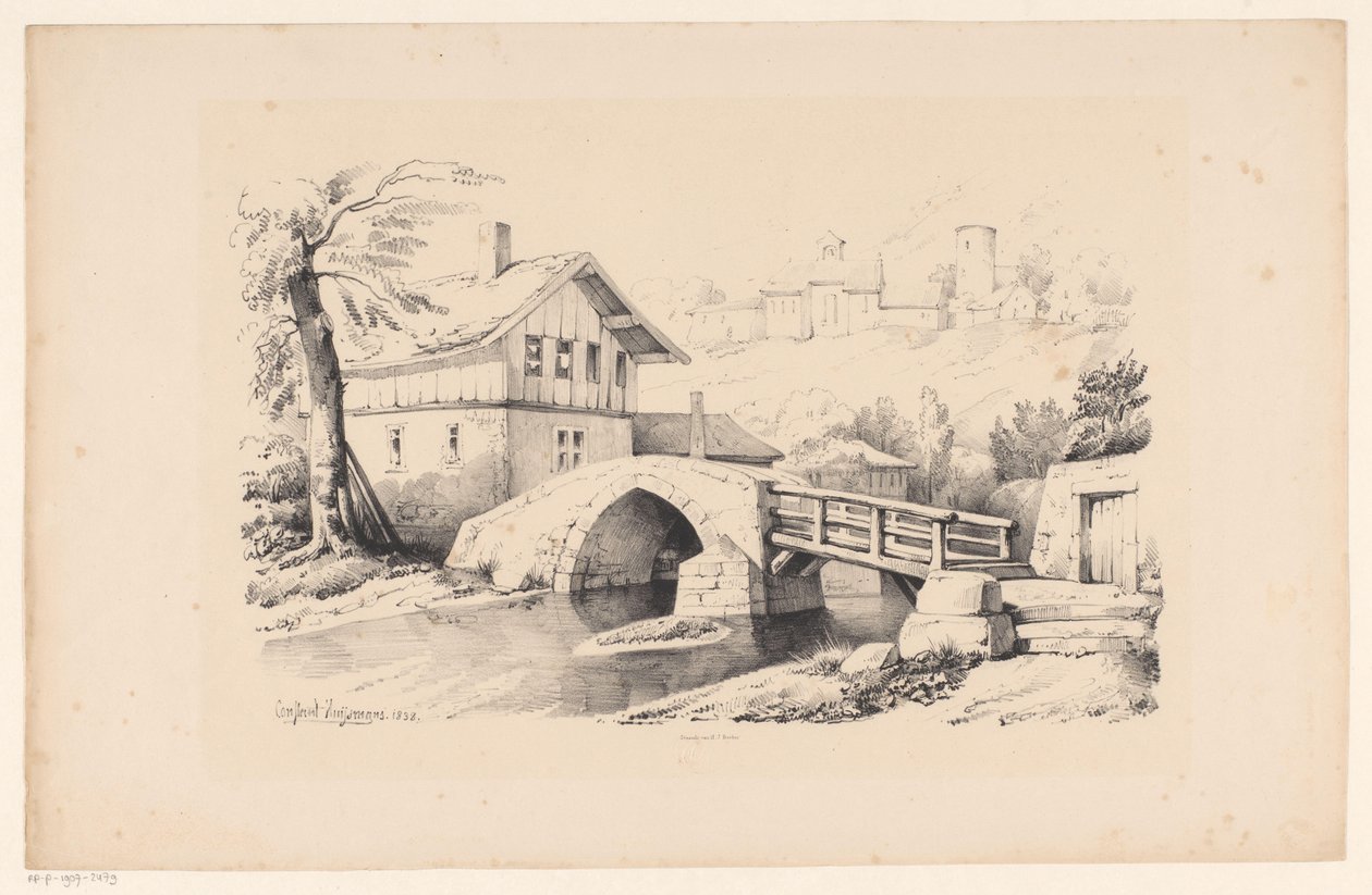 Bro og hus i et kupert landskap The Landscape (serietittel) av Constantinus Cornelis Huysmans