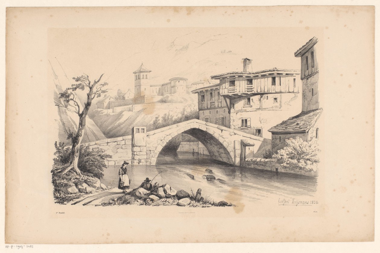Bro over elv i fjellandsby The Landscape (serietittel) av Constantinus Cornelis Huysmans