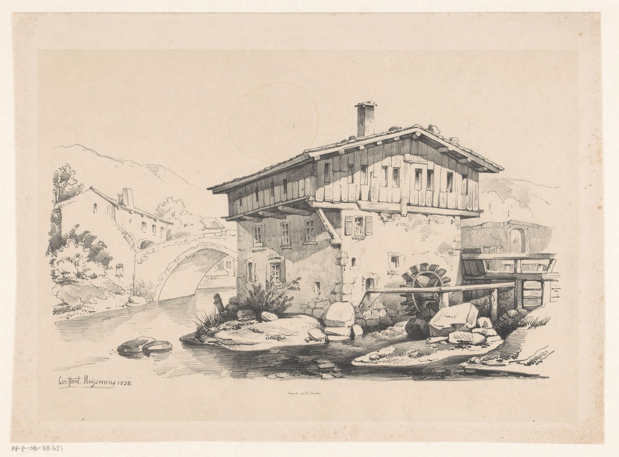 Hus og vannmølle i fjellandsby The Landscape (serietittel) av Constantinus Cornelis Huysmans