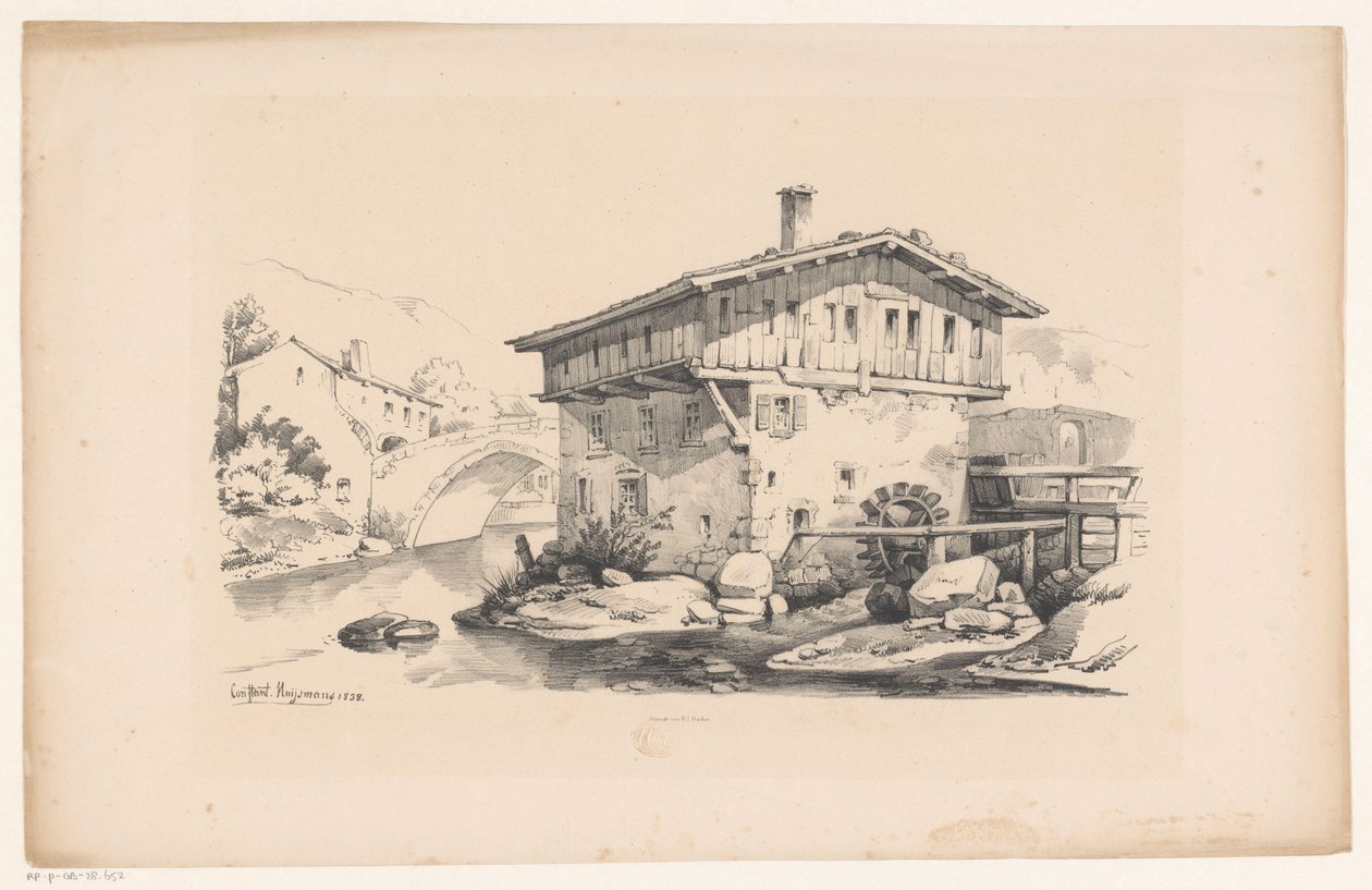 Hus med vannmølle i fjellandsby The Landscape (serietittel) av Constantinus Cornelis Huysmans
