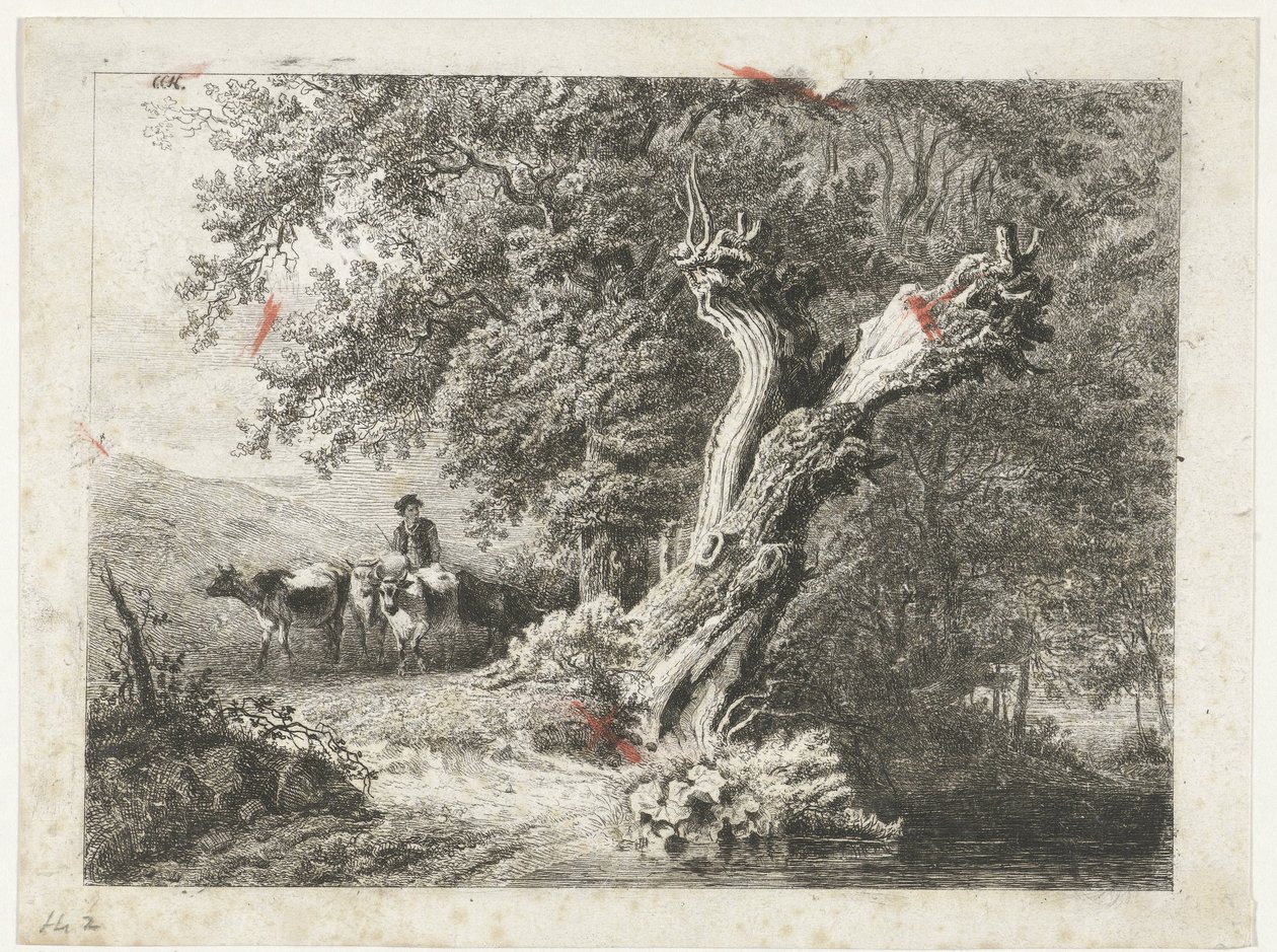 Landskap med bart tre og gjeter av Constantinus Cornelis Huysmans