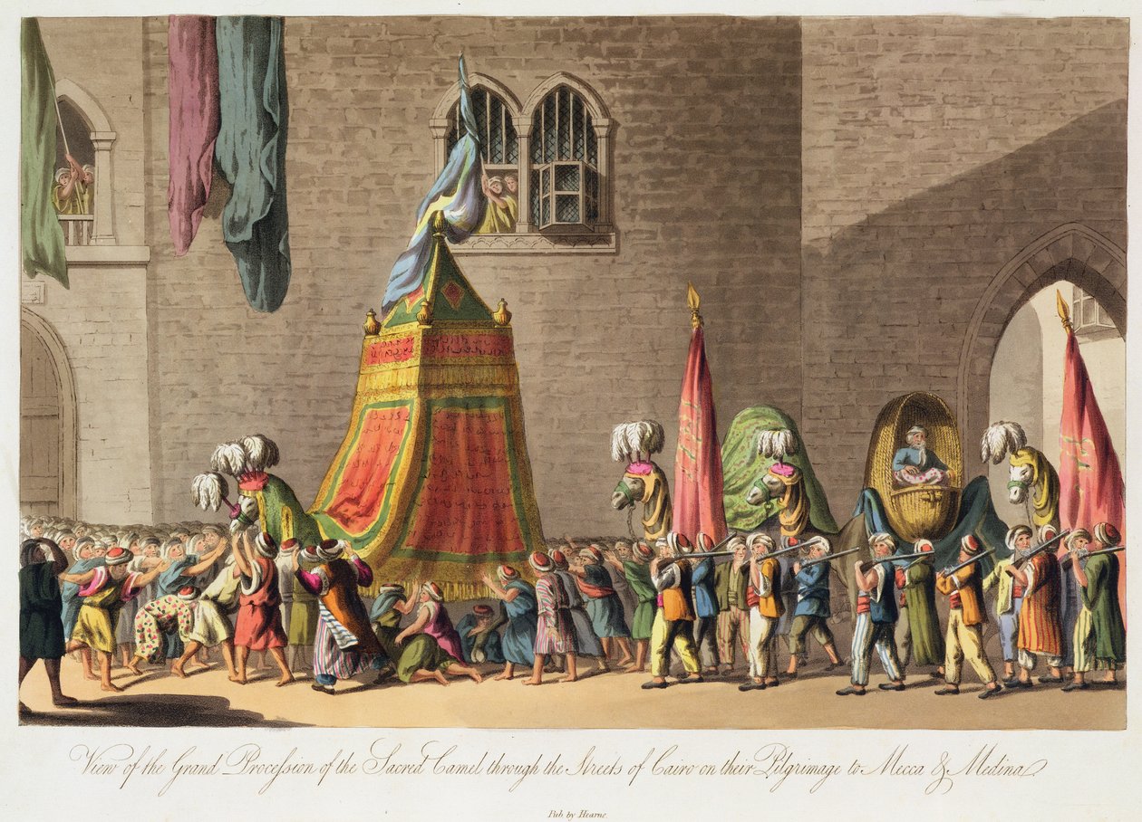 En utsikt over den store prosesjonen til den hellige kamelen gjennom gatene i Kairo på deres pilegrimsreise til Mekka og Medina, pub. 1822 av Cooper Willyams