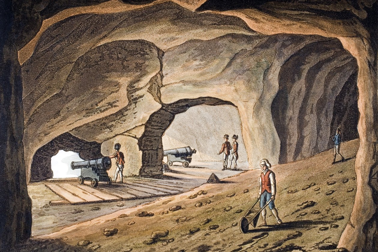 Inne i et galleri på Gibraltarklippen, gravert av Joseph Constantine Stadler (fl.1780-1812) av Cooper Willyams
