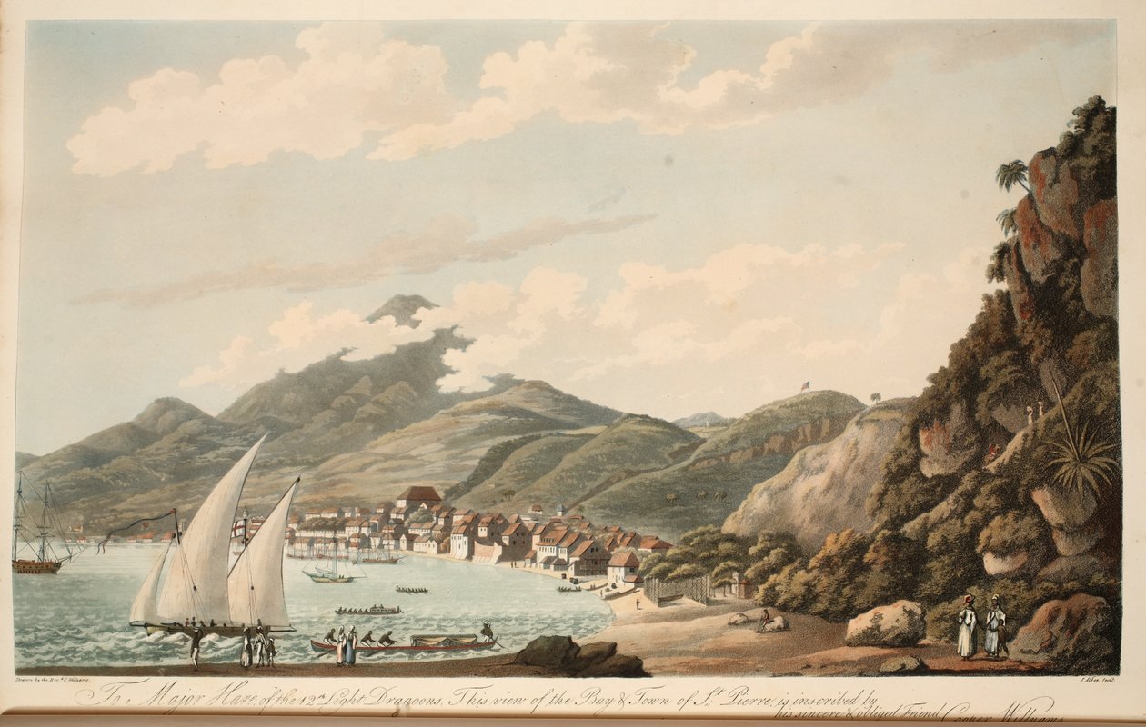 Utsikt over bukten og byen St. Pierre, Martinique, illustrasjon fra 'An Account of the Campaign in the West Indies' av pastor Cooper Willyams, litografi av S. Alken, pub. London 1796 av Cooper Willyams