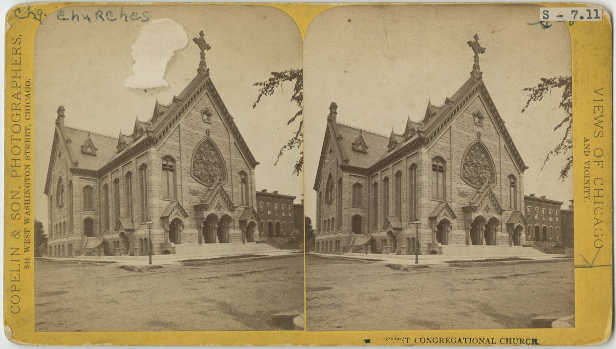 Stereograf fra First Congregational Church, Chicago, ca. 1870 (bw-foto på kortfeste) av Copelin and Hine Copelin and Hine