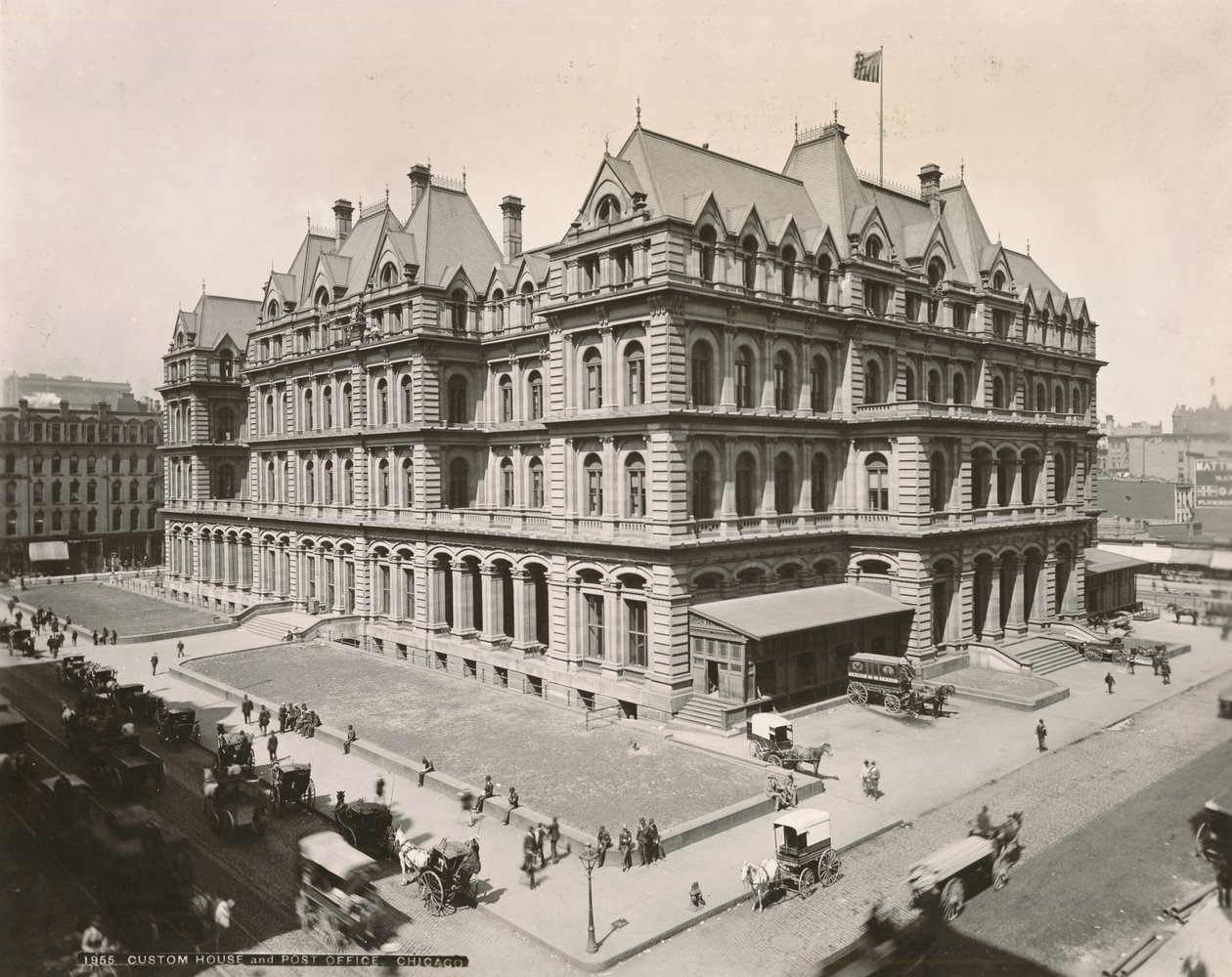Utsikt over postkontoret og Custom House ved Clark Street og Jackson Blvd., Chicago, 1889 av Copelin and Hine Copelin and Hine
