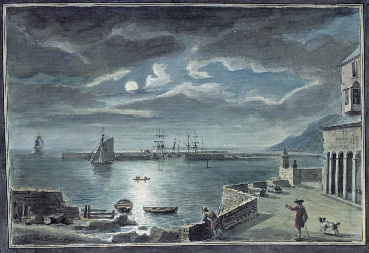 The Harbor and the Cobb, Lyme Regis, Dorset, av Moonlight av Copplestone Warre Bamfylde