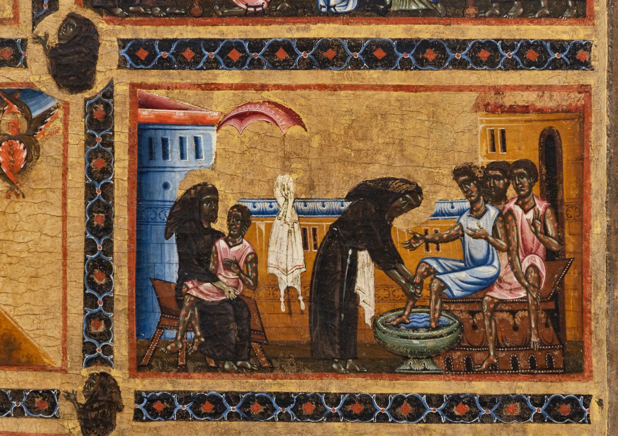 Bardi St. Francis altertavle og tjue historier om hans liv, Bardi-kapellet, Detalj av den hellige som underviser spedalske, mens han holder en i armene og vasker føttene til de andre av Coppo di Marcovaldo
