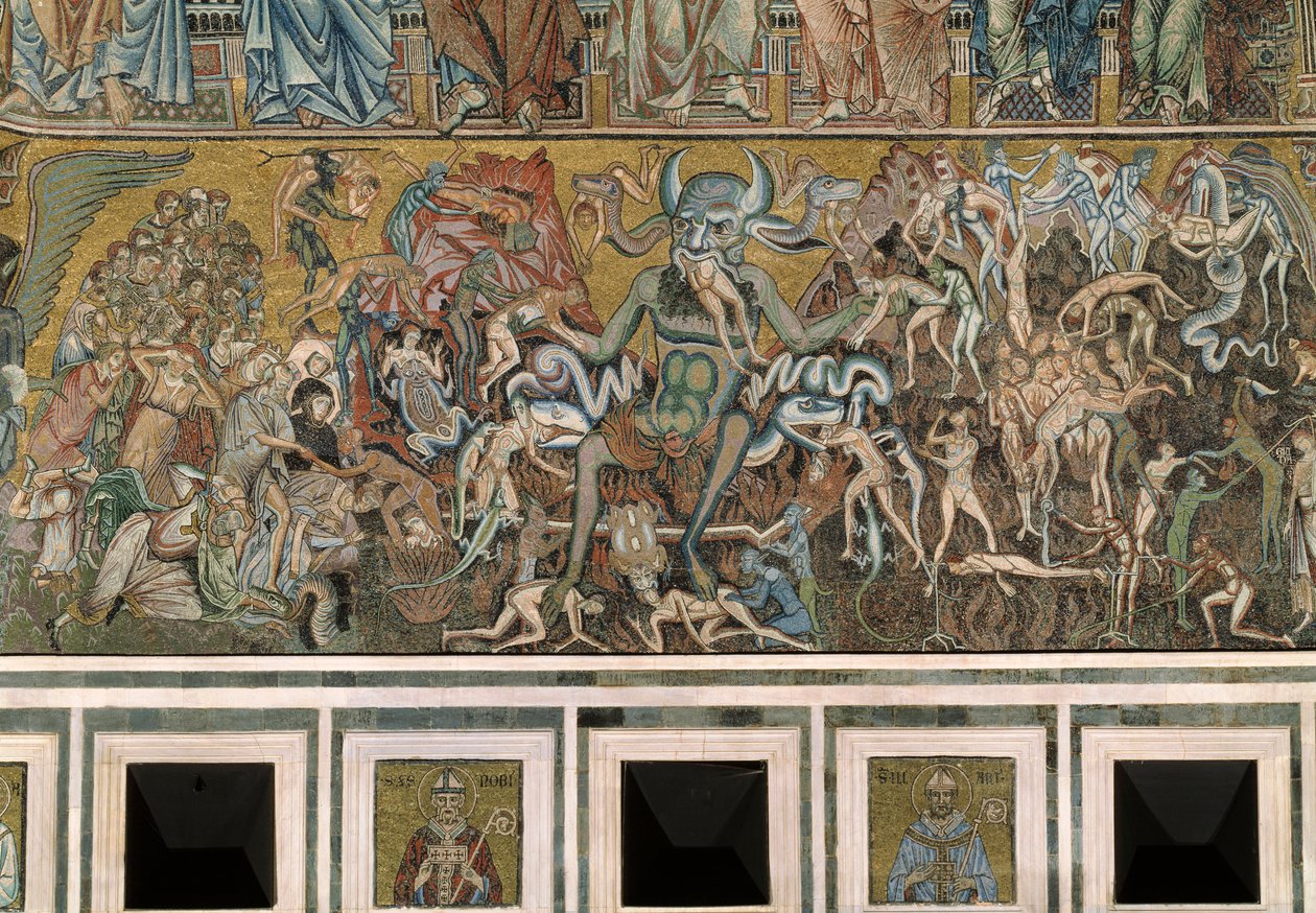 Den siste dommen (Djevelen spiser de fordømtes sjeler) - Detalj av mosaikkene, ca. 1270 av Coppo di Marcovaldo