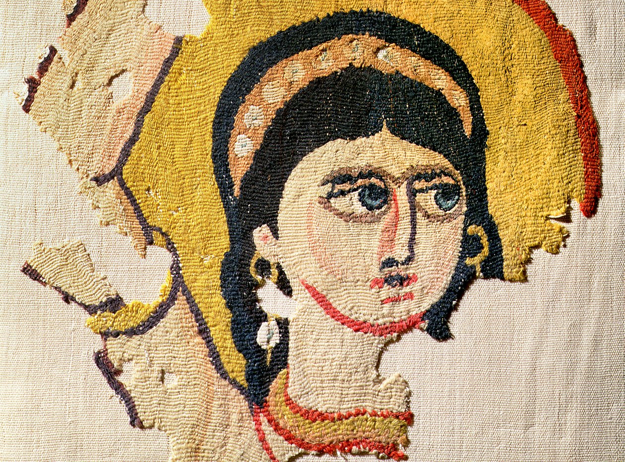 Fragment av et billedvev som viser hodet til en danser ull- og lindetalj fra 107971 av Coptic