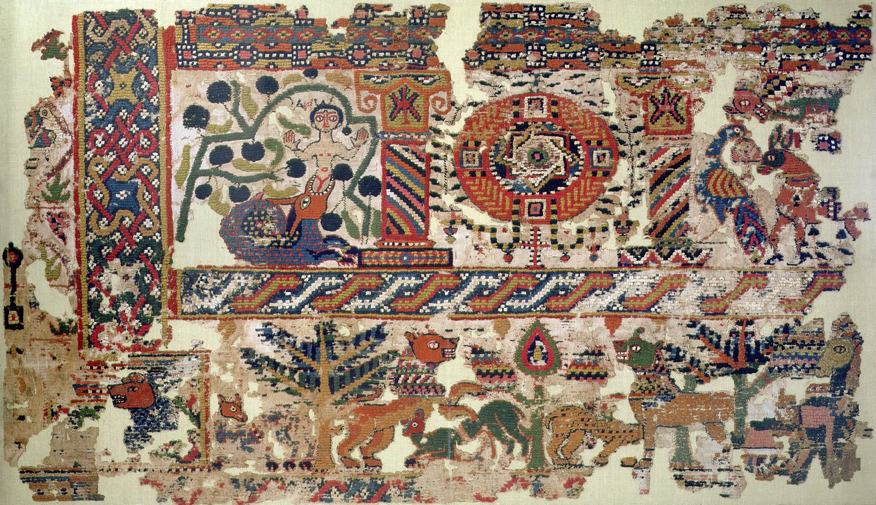 Fragment av tekstil som viser Jonah and the Whale lin og ulldetalj av 105613 av Coptic