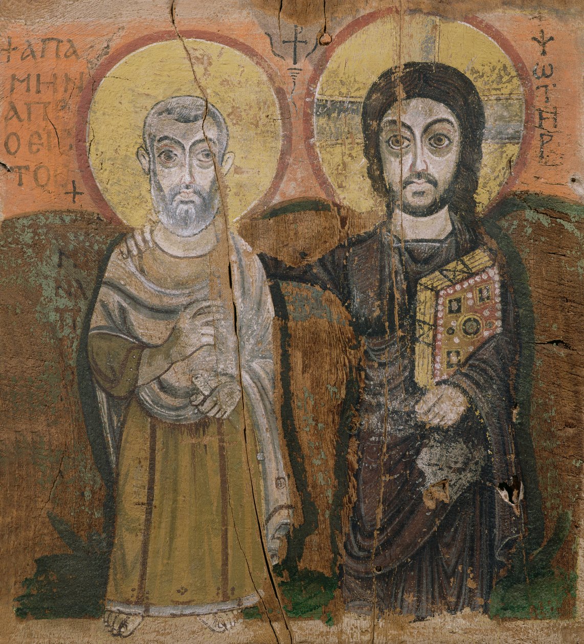 Ikon som viser Abbott Mena med Kristus, fra Baouit, 600-700-tallet (tempera på panel) av Coptic