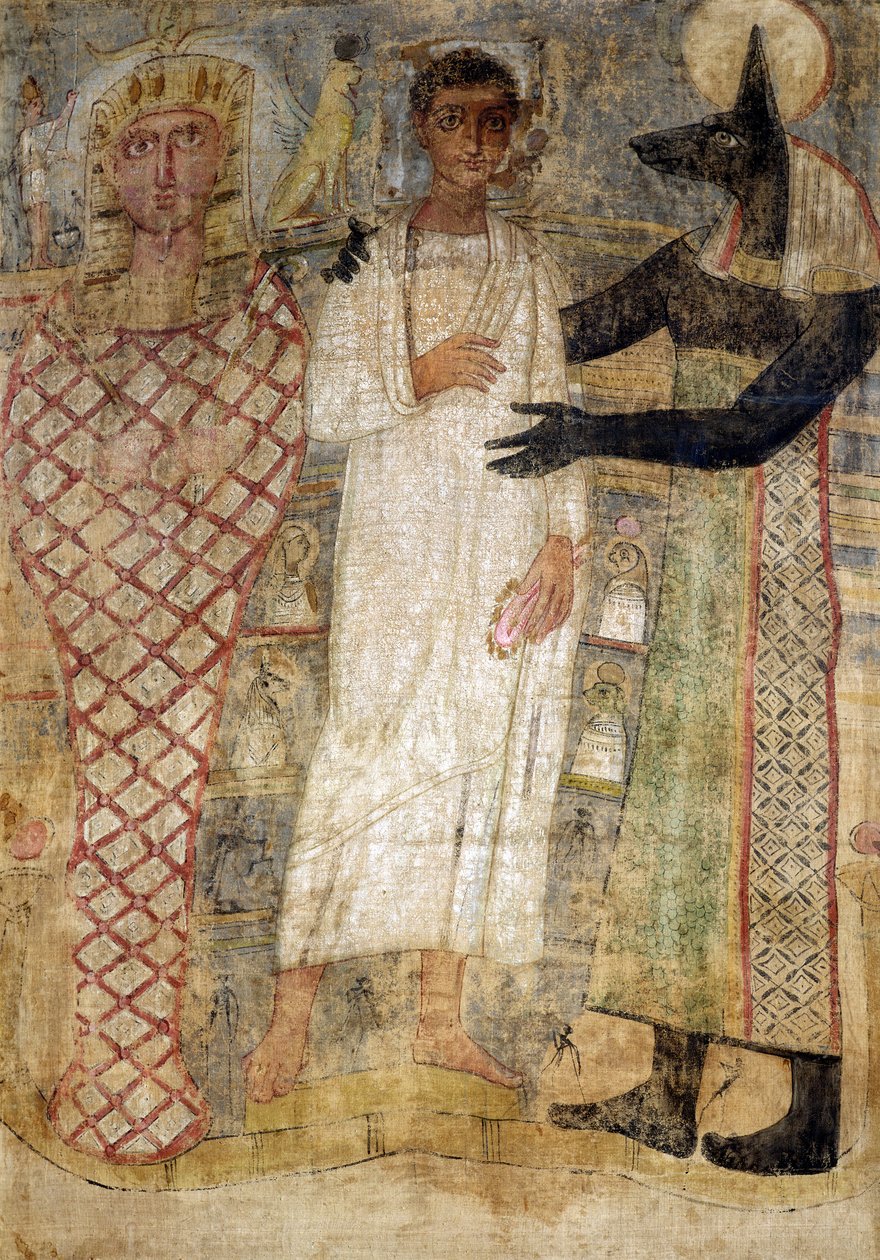 Den avdøde og hans mumie beskyttet av Anubis (enkaustisk voks på lin) av Coptic