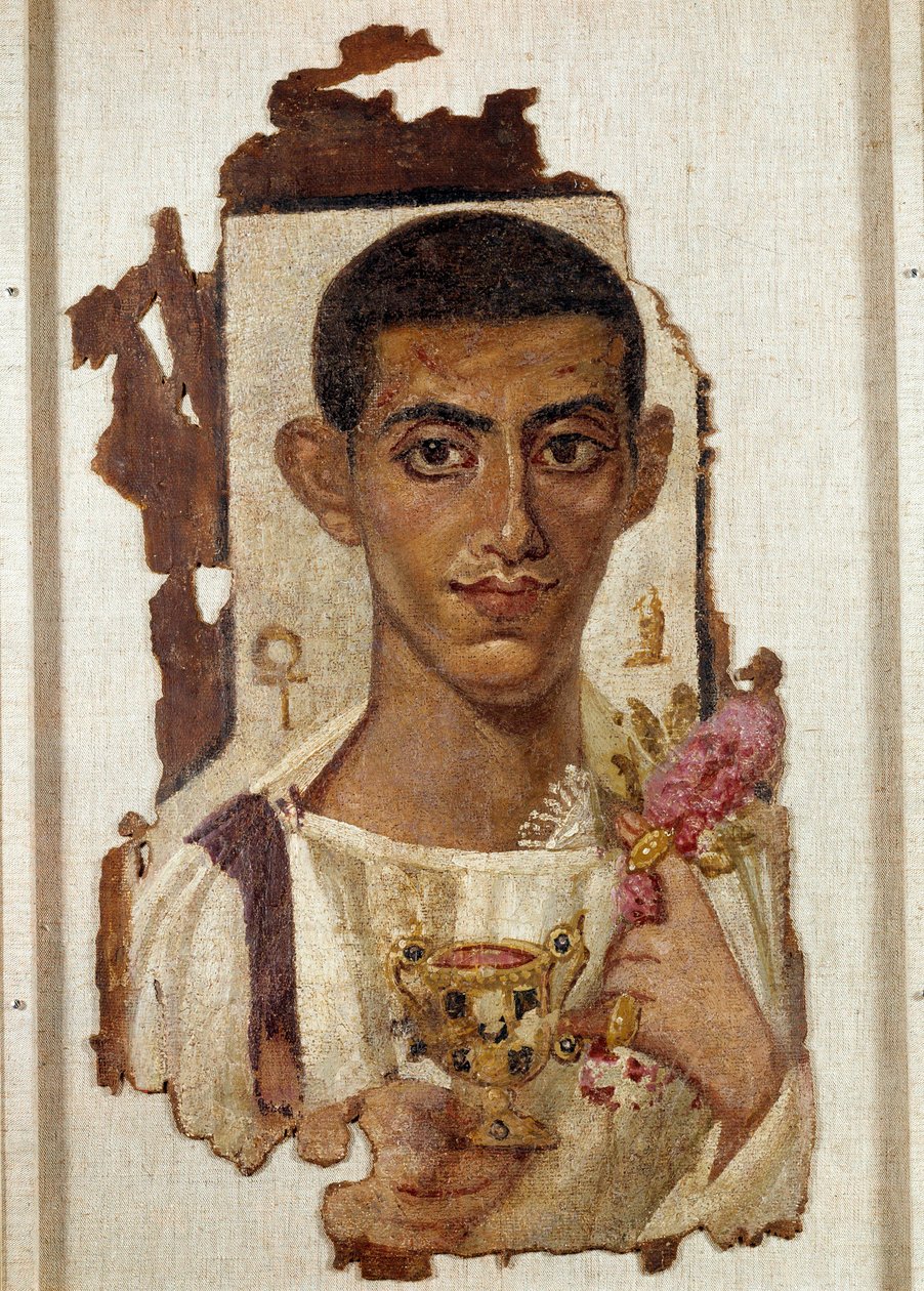 Det gamle Egypt: portrett av Ammonios: representasjon av en mann som holder en gyllen canthara beriket med smaragder og fylt med vin som identifiserer ham som Dionysos. I venstre hånd av gyldne riddere, kransen av roser, symbol på gjenfødelse, nær hodet ha av Coptic