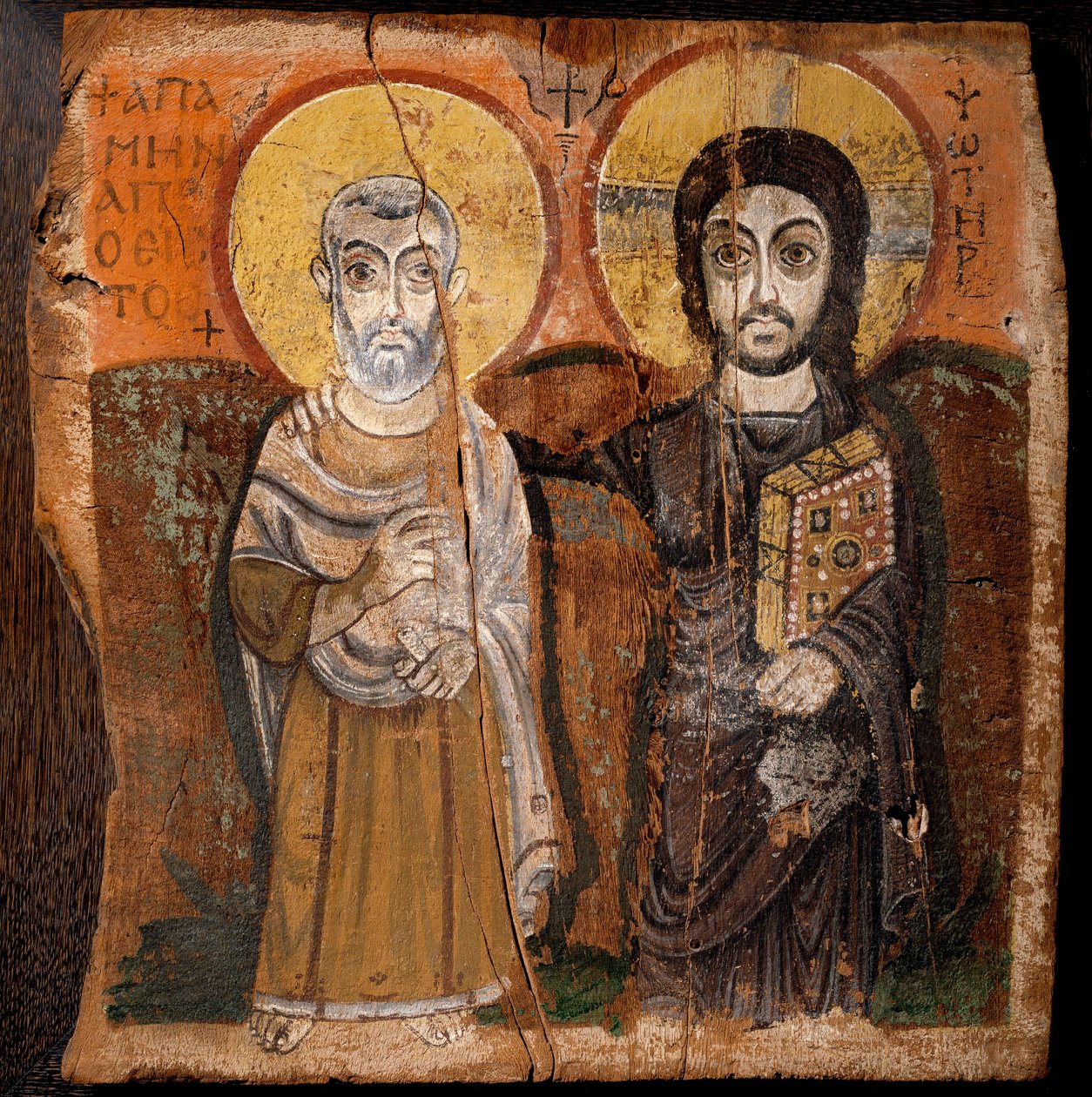 Koptisk kunst: "" Kristus og Abbe Mena"" Saint Menas (Minas, Mina, Mena, Mennas), egyptisk martyr fra det 3. århundre. Fragment av maling på tre (detrempe på fikentre) fra 600- eller 700-tallet Dim: 57x57cm. Fra Baouit-området i Egypt. - Koptisk kunst: ""  av Coptic
