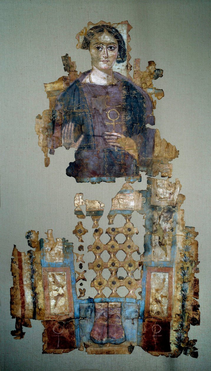 Koptisk kunst: fragment av malt lindekke som viser en ung kvinne kalt damen en kors ansee. Fra Antinoupolis. 4. århundre e.Kr. Paris, Louvre-museet av Coptic Coptic