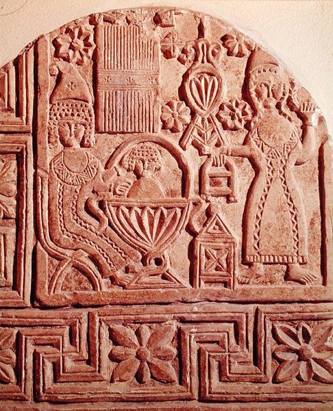 Stela som skildrer badet til Jesusbarnet av Coptic Coptic