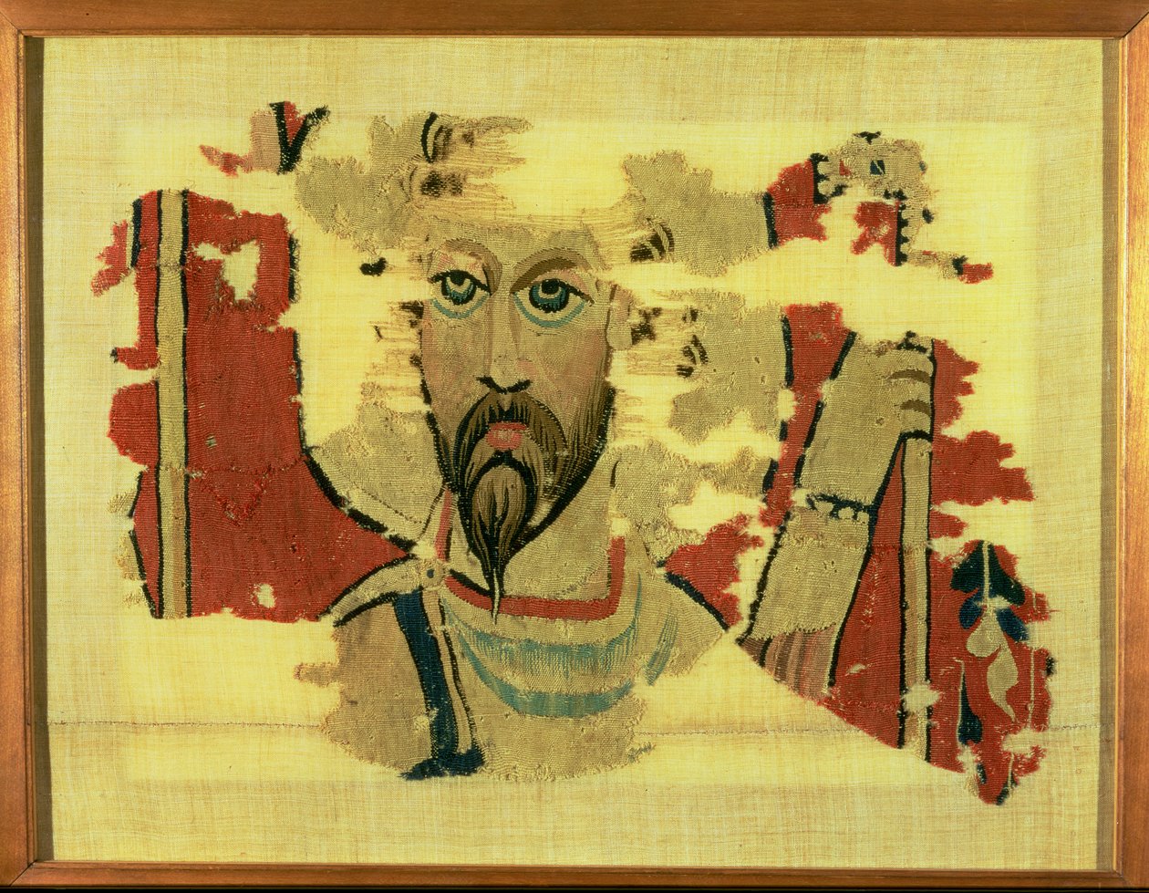 Vevd hengende som viser hodet til St. Theodore, fra Akhmim, Egypt, ca. 500-600 (ullteppe) av Coptic Coptic