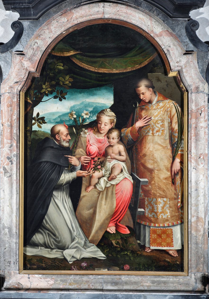 Jomfru og barn mellom Saint Vincent Ferrier (1350-1419) og Saint Vincent av Zaragoza (4. århundre) (Jomfru med barn med Vincent av Zaragoza og Vincent Ferrer) Maleri av Coriolano Malagavazzo (1500-tallet) 1595 Elatellani-kapellet, basilikaen av Coriolano Malagavazzo