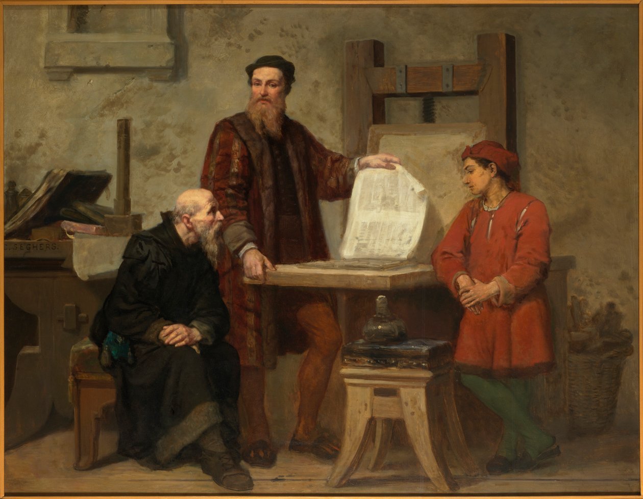 Oppfinnelsen av trykkekunsten eller Gutenberg i arbeid, midten av 1800-tallet. av Corneille Seghers