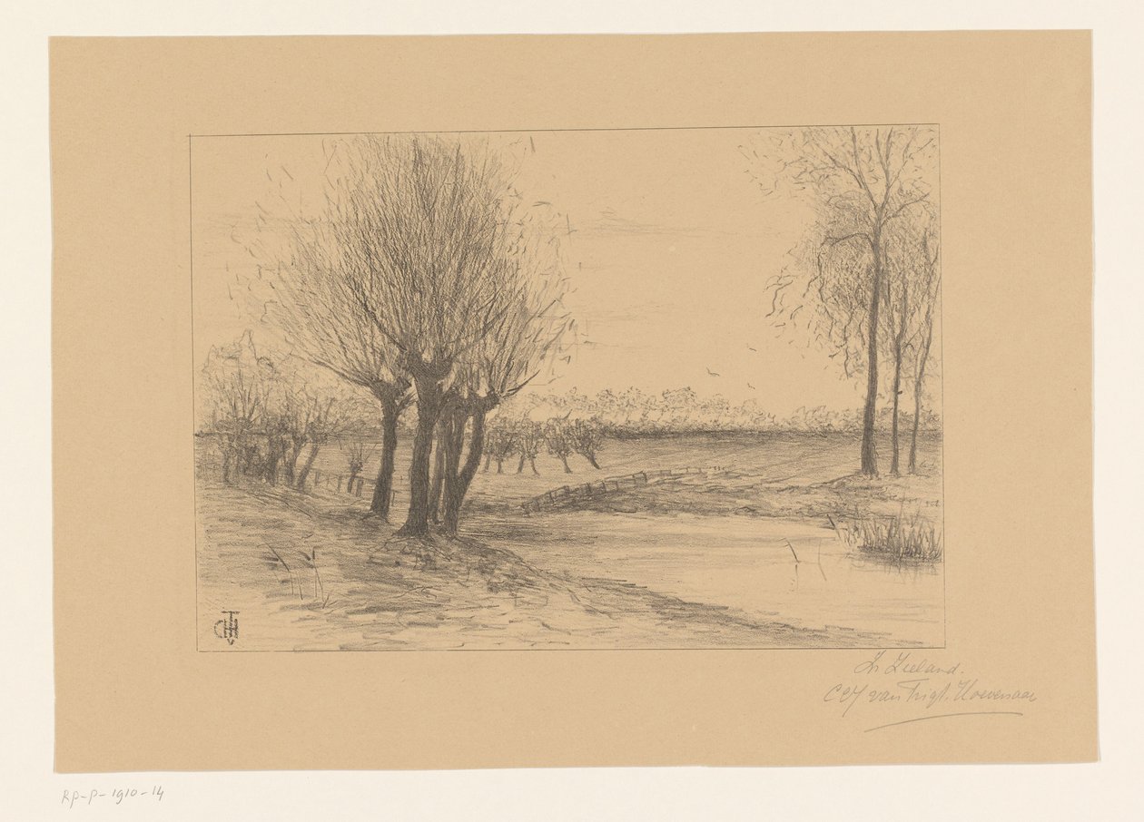 Eng med fjellvidjer I Zeeland (tittel på objekt) av Cornelia Christina Johanna van Trigt Hoevenaar (signed by artist)