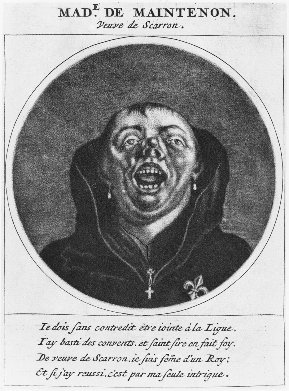 Protestantisk karikatur av Madame de Maintenon, illustrasjon fra 'Les Heros de La Ligue eller La Procession monacale, ledet av Louis XIV, for konvertering av protestantene i hans rike', Paris, Che av Cornelis and Gole, Jacob Dusart