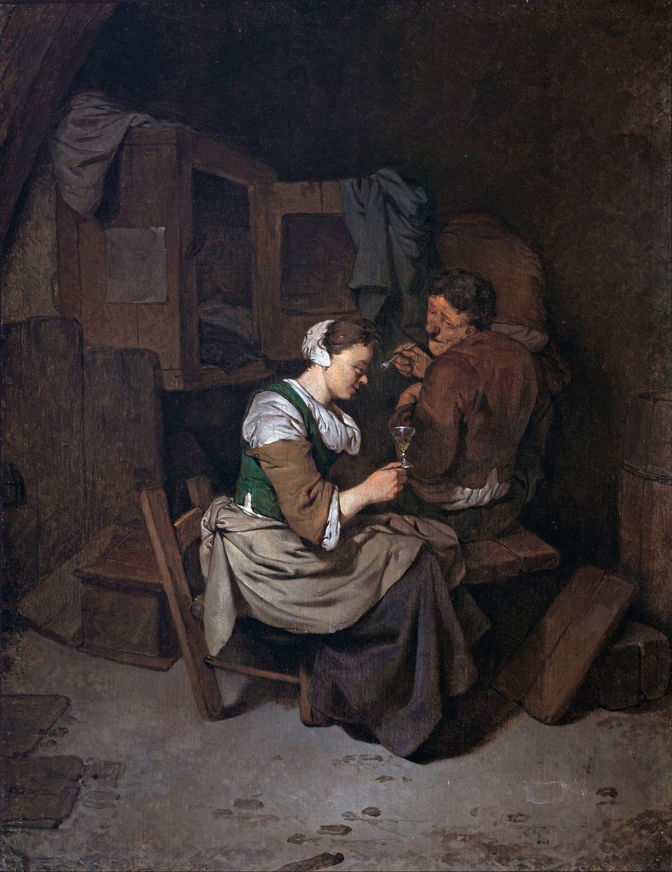 Kvinne med vinglass og to mannlige bønder av Cornelis Pietersz Bega