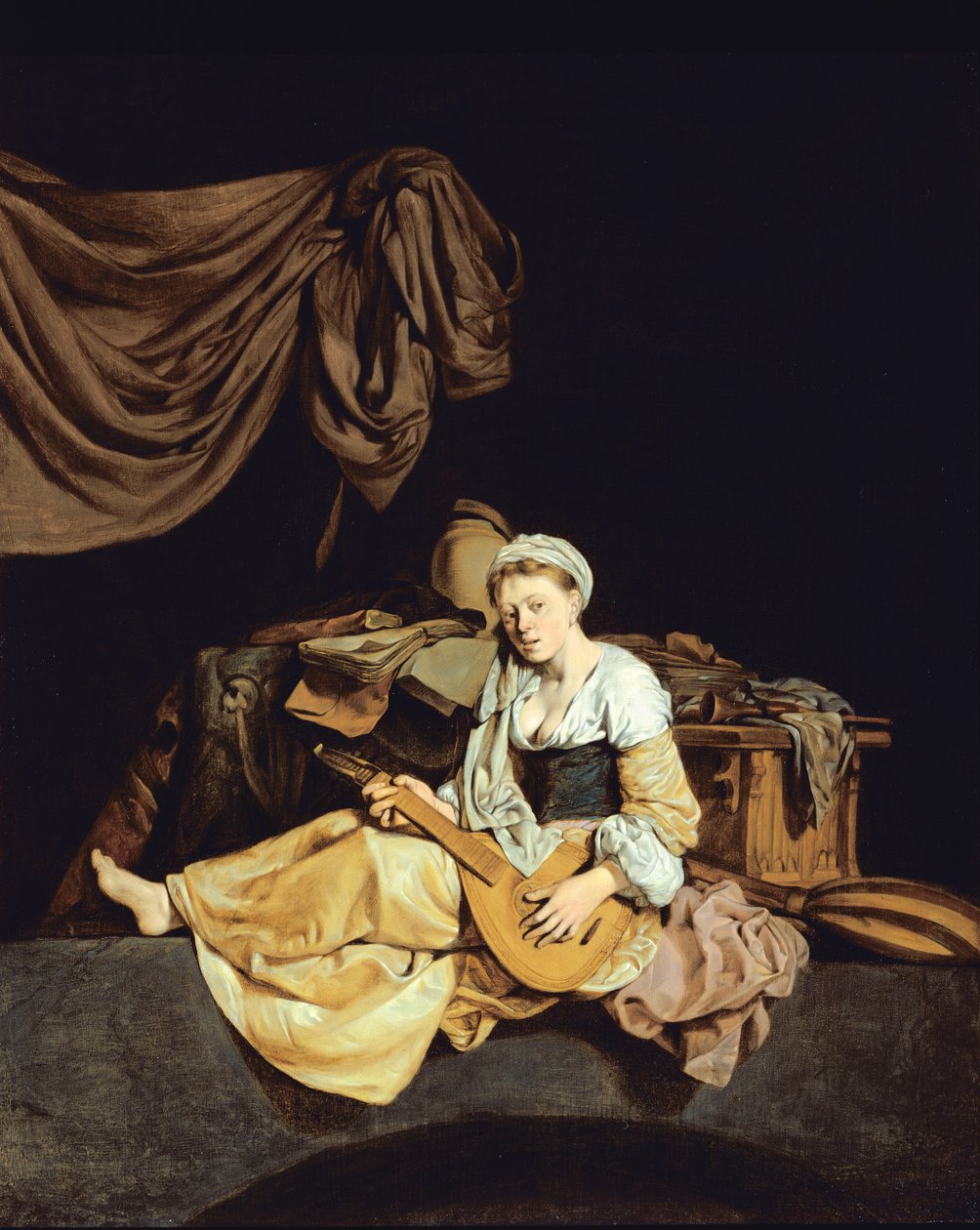 Ung kvinne som spiller mandolin av Cornelis Pietersz Bega