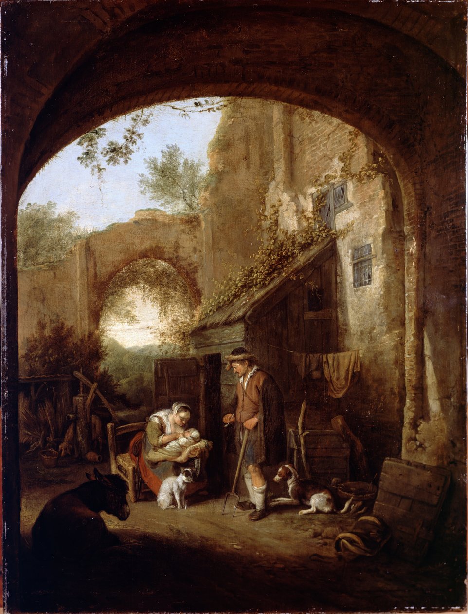 Figurer på gårdsplassen til en gammel bygning av Cornelis Dusart