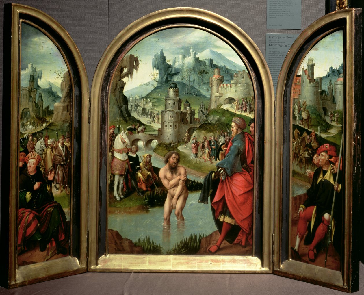 Triptych of the Cleansing of Naaman: midtpanelet viser Naaman, sjef for den syriske hæren, som vasker seg i elven Jordan for å kurere spedalskheten hans på kommando av profeten Elisja, som i bakhodet av Cornelis Engebrechtsz
