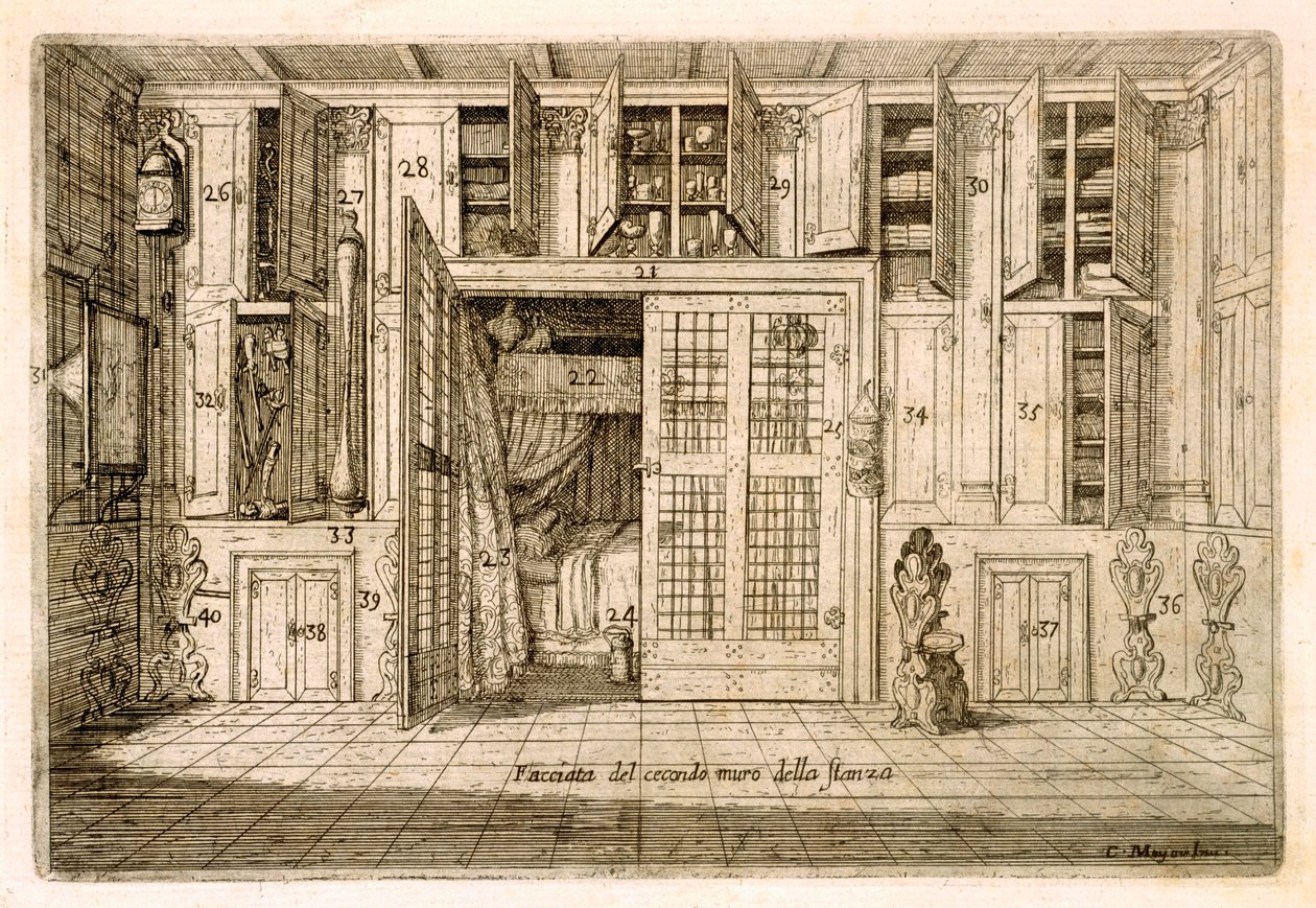Interiør, Drawing RoomStudy fra Cornelio Meyers Book of Knowledge, 1696, gravering (se 255700) av Cornelis Jansz. Meyer