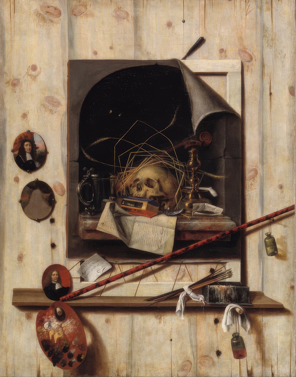 Trompe l’oeil med Studio Wall og Vanitas Still Life. Dato / Periode: 1668. Maleri. Olje på lerret. Høyde: 1520 mm (59,84 tommer); Bredde: 1180 mm (46,45 tommer). Künstler: CORNELIS NORBERTUS GYSBRECHTS. Lage: Statens museum for kunst av Cornelis Norbertus Gysbrechts