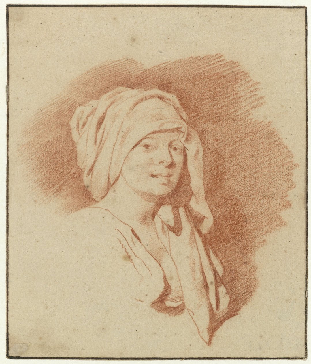 Blodtegning av en byste av en kvinne med et håndkle rundt hodet av Cornelis Pietersz Bega