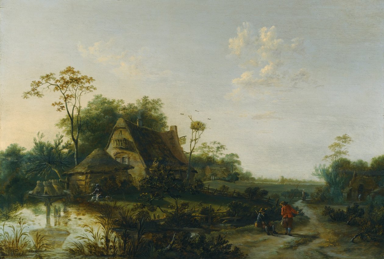 Landskap med figurer som passerer en hytte og en dam av Cornelis Snellinck