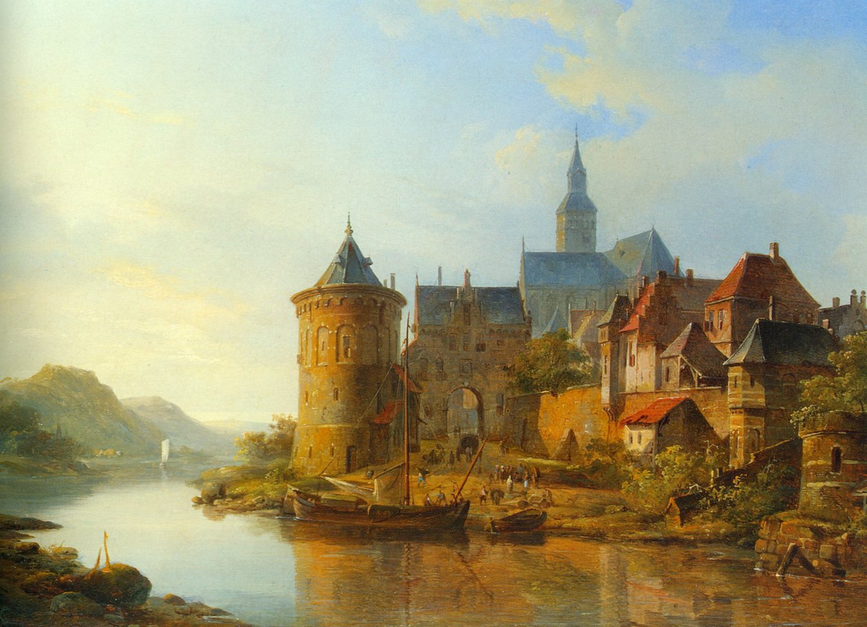 Utsikt over en by langs Rhinen av Cornelis Springer