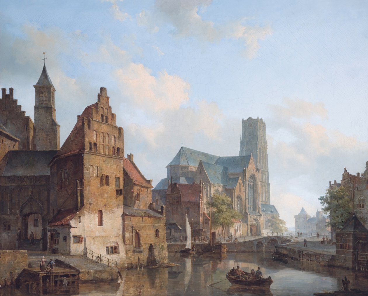 Utsikt over Delftse Vaart og Saint Laurens kirke, Rotterdam av Cornelis Springer