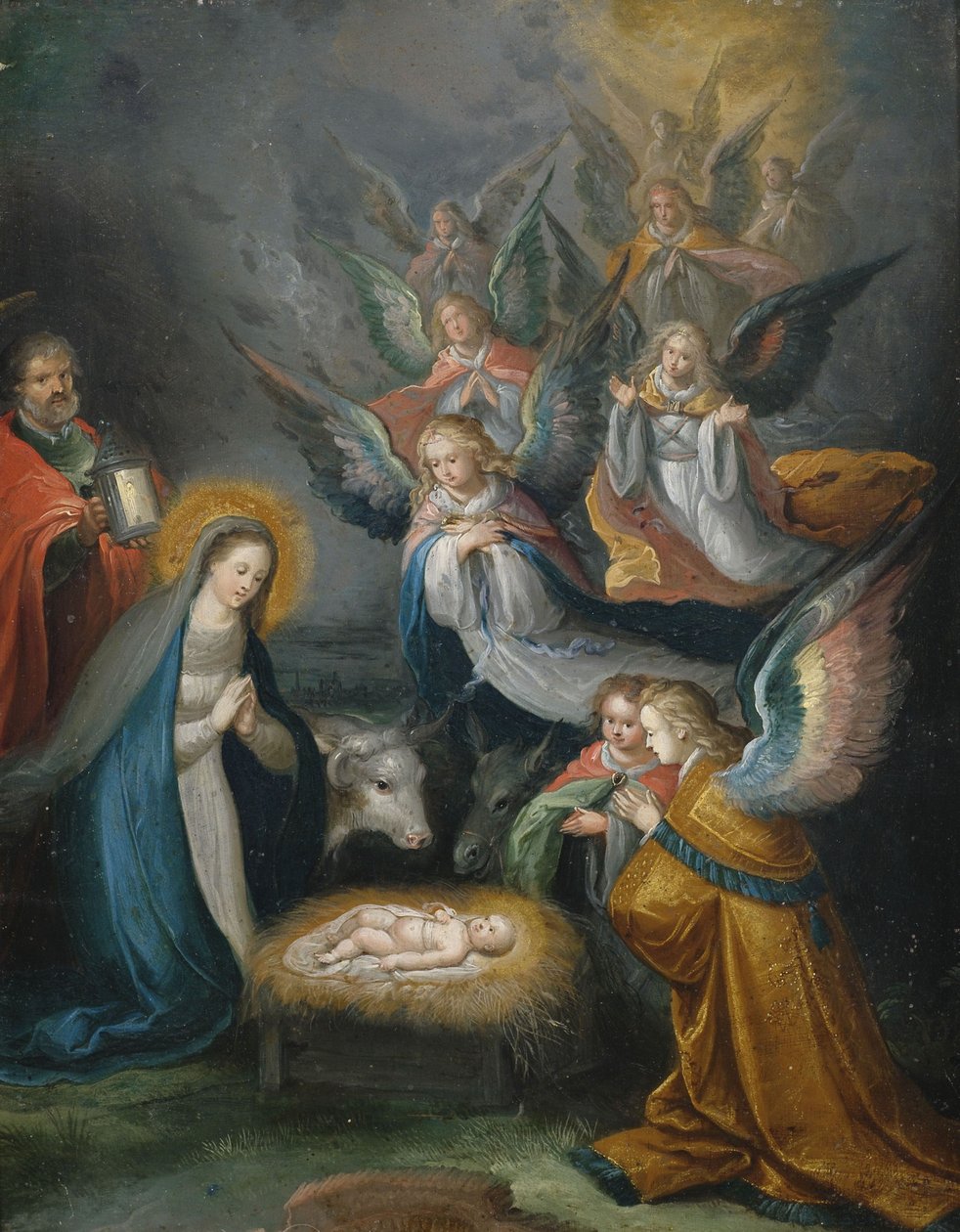 Den hellige familien med engler i tilbedelse av barnet av Cornelis de Baellieur