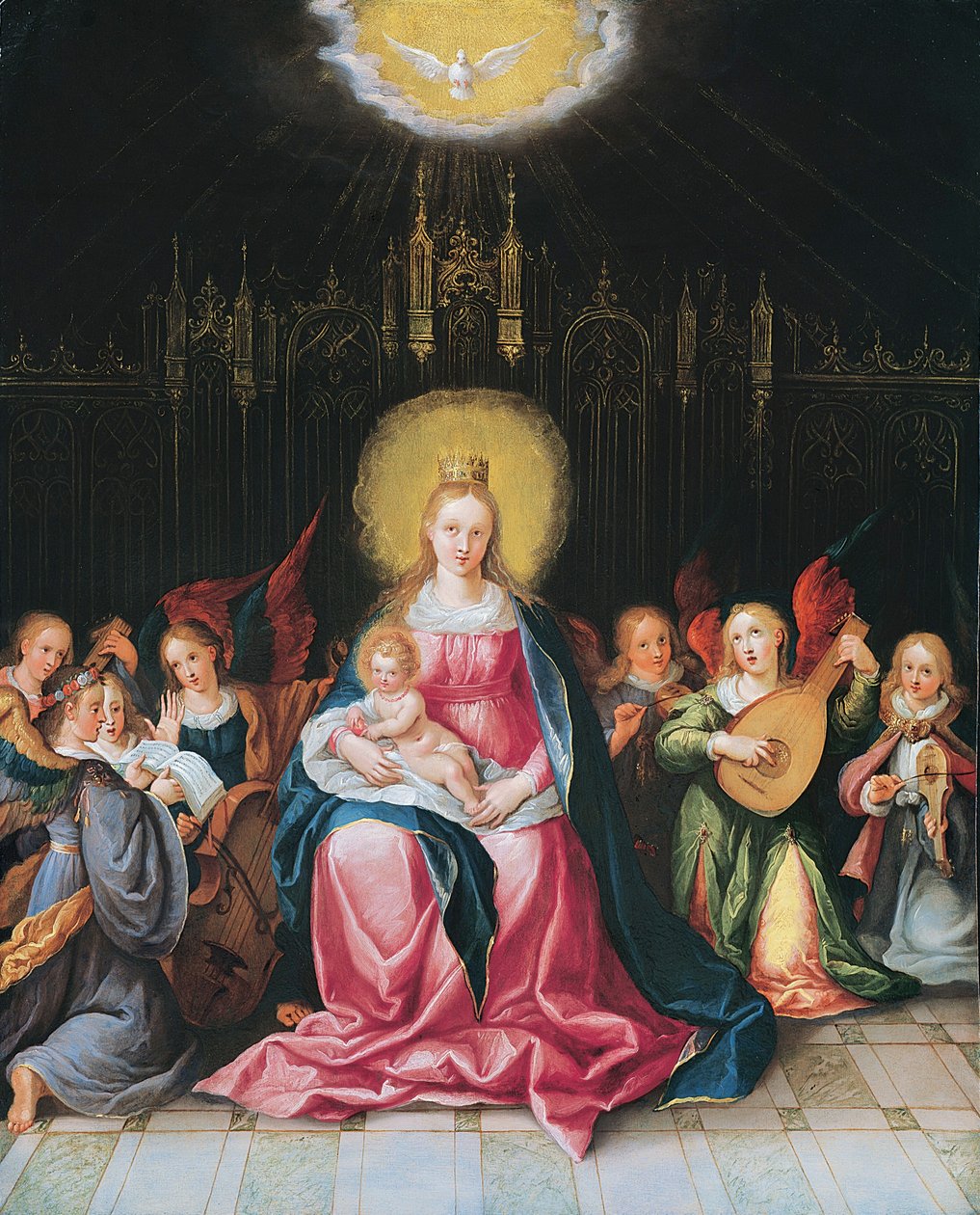 Jomfruen og barnet omgitt av syv musikkskapende engler (olje på kobber) av Cornelis de Baellieur